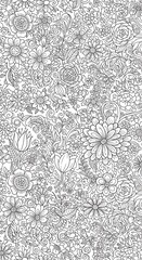 A vertical, black and white floral pattern showcasing various flower types with intricate details and shading on a white background