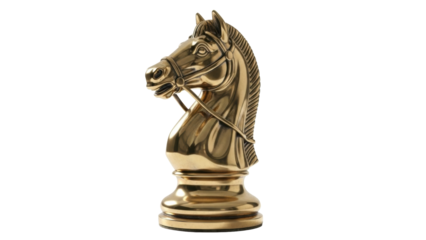 Golden knight chess piece isolated PNG on transparent background, antique horse head sculpture for board game design