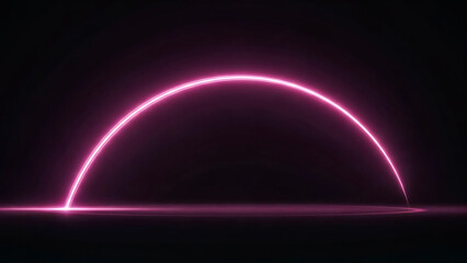 A minimalist abstract image featuring a bright pink neon arc set against a dark, atmospheric background. The neon light casts a soft glow on a reflective surface below, creating a futuristic and