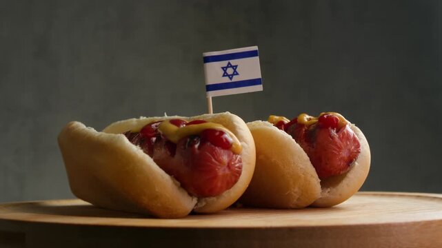 Close up of hot dogs with Israeli flag, scene emphasizes kosher sausage production and local Israeli bakery for buns.