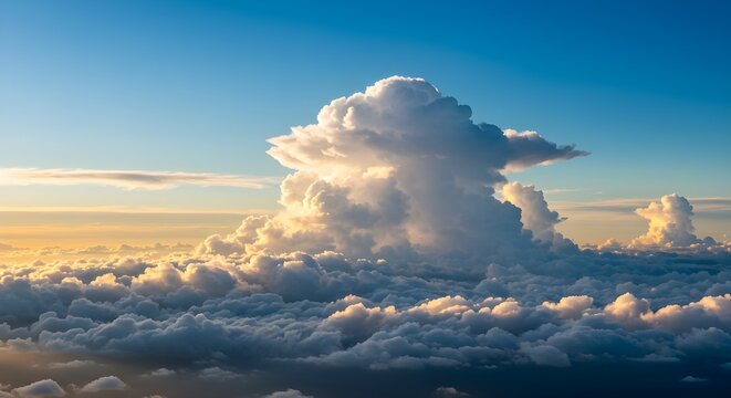Stunning cumulonimbus cloud formation illuminated by golden sunset light above the ocean
