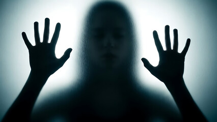 Blurred silhouette of a woman pressing hands against frosted glass, evoking mystery and isolation in a moody, cinematic atmosphere. Dramatic portrait.