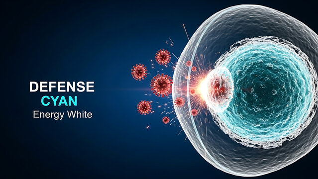 Cyan defense shield repels red virus particles in a microscopic battle, showcasing cellular immunity with glowing energy bursts. Sci-fi medical illustration.