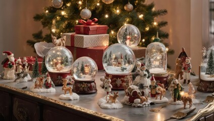 Fototapeta premium Festive tabletop scene featuring snow globes, gifts, and figurines against a glowing tree