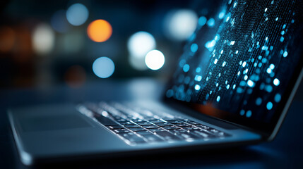 Binary code data bit screen display laptop computer matrix data flow visualization big data age concept artificial intelligence transfer defocused blue light background with