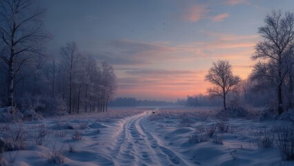 Winter scene with snow-covered path, trees, and sunrise hues in the sky