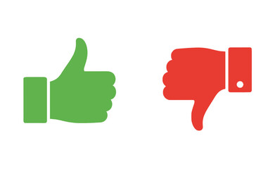 Green thumbs up and red thumbs down icons representing approval, disapproval, like, dislike, feedback, and voting concepts on a clean white background.
