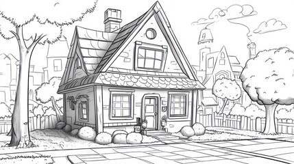 Obraz premium Cartoon house illustration with exterior view, residential neighborhood, trees, sky, perspective, architectural design