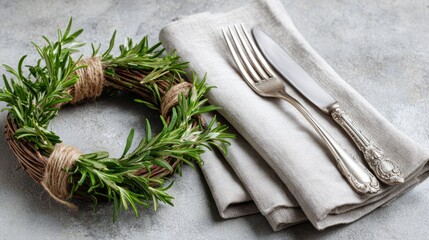 Mini rosemary wreath flat lay with vintage silverware on linen napkin for festive table styling