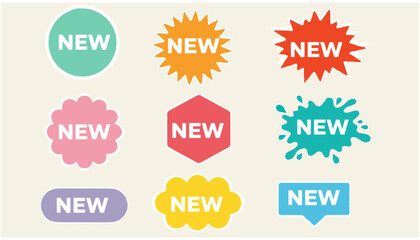 Colorful 'NEW' labels and badges set in diverse shapes: circle, starburst, hexagon, and speech bubble, ideal for promotions.
