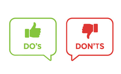 Do's and Don'ts concept with green thumbs up and red thumbs down icons in speech bubbles for rules, advice, and guidelines.
