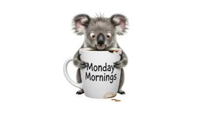 Funny Koala Character Drinking Coffee from White Mug Labeled "Monday Mornings" isolated PNG with Transparent Background