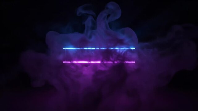 Abstract background with glowing neon light bars in blue and magenta colors surrounded by smoke