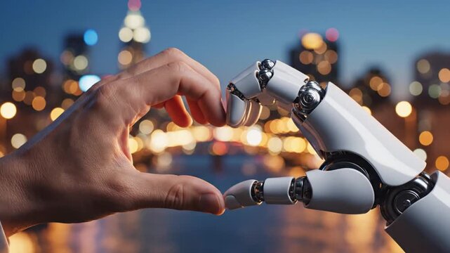 Human hand and robotic arm touching fingertips for technology and innovation concept, cityscape background