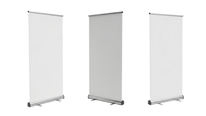 Three white roll up banner stands on white background