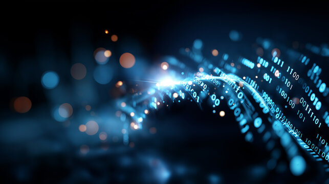 Binary code data bit screen display laptop computer matrix data flow visualization big data age concept artificial intelligence transfer defocused blue light background with - Powered by Adobe
