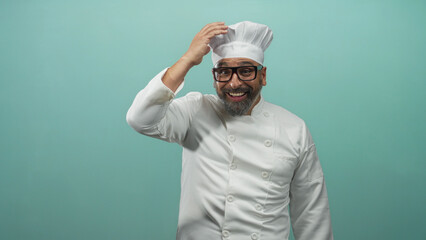 Man chef with beard and glasses reaching forward with hand, wearing white uniform and toque in mint green studio; joy hospitality warmth.