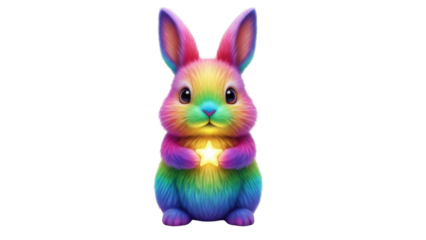 Cute Rainbow Rabbit Illustration Holding a Glowing Star isolated PNG with Transparent Background