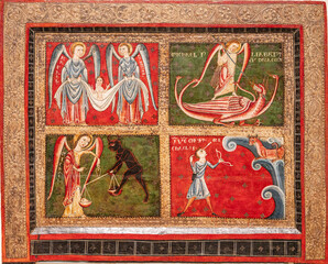 Altar frontal of the Archangels, 13th century, tempera stucco reliefs and remains of metal leaf veneer on wood, MNAC, Barcelona, ​​Catalonia, Spain
