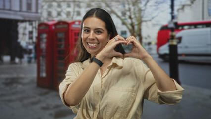 Fototapeta premium Woman forming a heart with hands on a city street by red telephone booths, smiling in beige shirt and showing rings on fingers; joy love.
