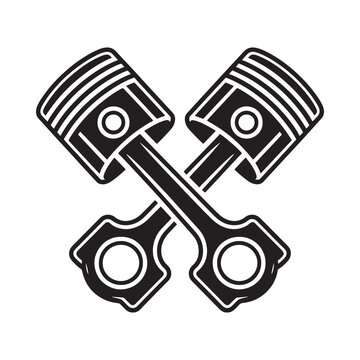 A striking black and white illustration of crossed engine pistons and connecting rods