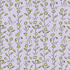 Seamless floral pattern with hand-drawn yellow flowers and leaves on a soft lavender background ideal for textiles, wallpaper and decorative design.
