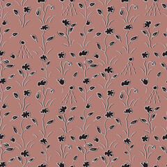Seamless floral pattern with scattered small black flowers on a dusty rose background ideal for textiles, packaging, wallpaper and modern design