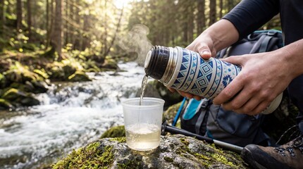 Hiker pouring a hot drink from a thermos during a break in the forest. Man relaxing by a mountain stream on an outdoor adventure