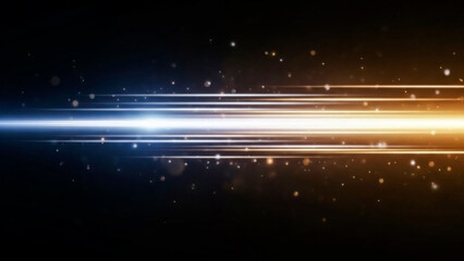 A dramatic abstract digital artwork featuring parallel light streaks, transitioning from bright whiteblue on the left to warm golden hues on the right. Shimmering particles and bokeh effects are