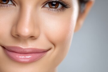 Fototapeta premium A close-up of a smiling young woman's face features radiant, clear skin and glossy lips, conveying a fresh and healthy mood ideal for beauty or skincare contexts.