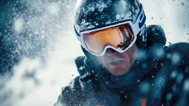 Video A person skiing or snowmobiling in snowy terrain, wearing protective gear