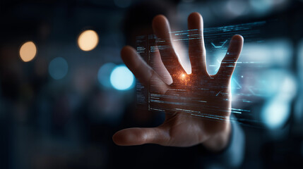 Faceless hand interaction with system warning alert virtual interface display cybersecurity risk concept data breach notification malware hacking visualization defocused digit