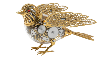 Luxurious Golden Mechanical Bird Automaton with Exposed Clockwork Gears and Jewels isolated PNG with Transparent Background