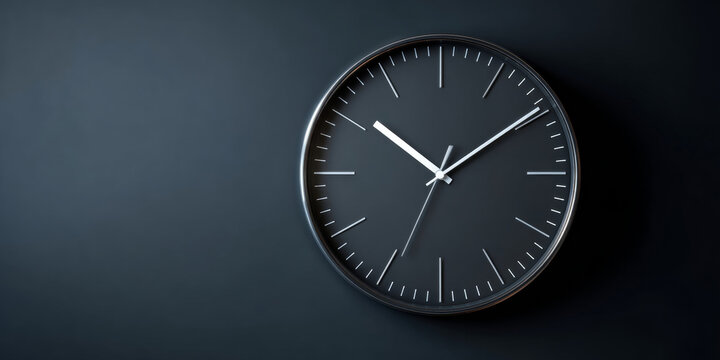 A black clock with white hands and markers on a dark grey background shows the time as ten minutes past five o'clock - Powered by Adobe