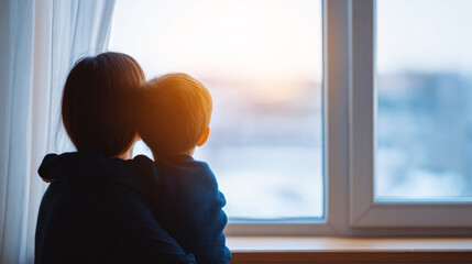 A woman is holding a child as they look out the window at sunset or sunrise, with light streaming in through curtains and reflecting on their faces