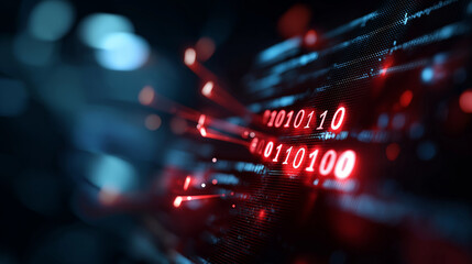 Computer screen display error message visualization red black digital binary code spyware problems malicious software hacker concept danger cyber world threat defocused screen