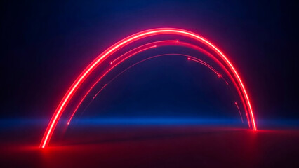 A vibrant red neon archway glows dramatically against a dark, moody background. Streaks of light trail from the arch, suggesting movement, speed, and futuristic energy. This abstract design evokes a