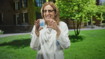 Fototapeta premium Blonde woman doctor in a white labcoat holds a clear container of blue ear swabs between fingers and grimaces while inspecting a swab in front of a building; safety concern.