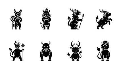 Fototapeta premium Stylized mythical creatures set silhouettes design elements black white
