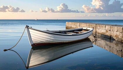 Obraz premium Serene white boat moored to a stone dock with calm reflection in peaceful water under cloudy sky.