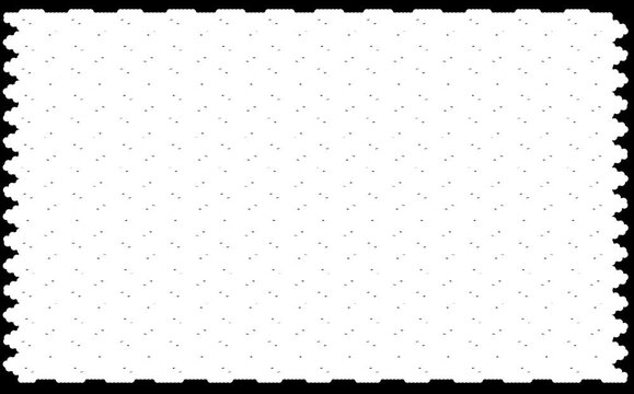 a minimalist, abstract composition, resembling a postage stamp, framed by a serrated, black border against a stark white background