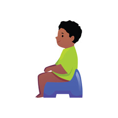 Cute baby boy sitting on blue potty, vector cartoon smile toddler learning to use potty, first year old child hygiene