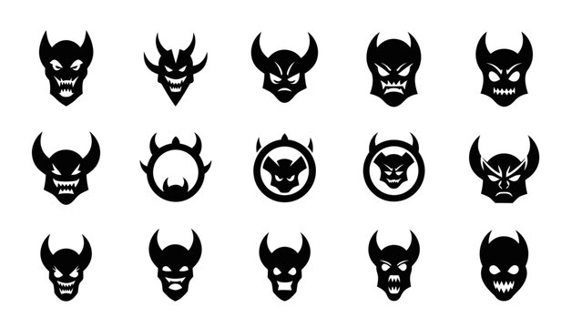 Set of evil demon head icons in black color isolated on white background