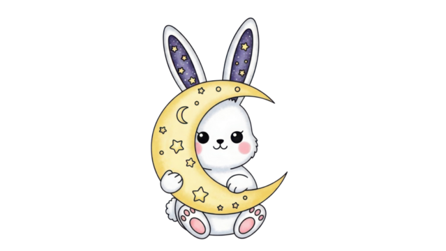 Cute Kawaii White Bunny Holding a Yellow Starry Crescent Moon Illustration isolated PNG with Transparent Background - Powered by Adobe