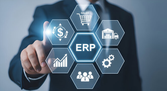 Businessman interacting with virtual erp system interface with icons for sales, finance, and management in a modern digital workspace - Powered by Adobe