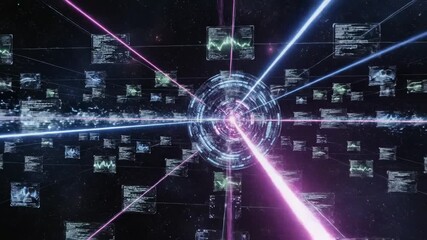Abstract digital network connection in dark space with glowing data streams and waveform analysis screens - Powered by Adobe