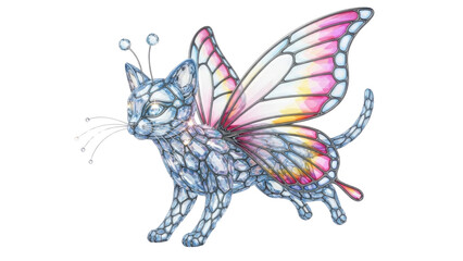Obraz premium Whimsical Crystal Cat with Pink and Yellow Butterfly Wings Watercolor Illustration isolated PNG with Transparent Background