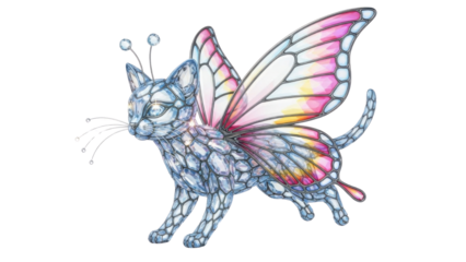 Whimsical Crystal Cat with Pink and Yellow Butterfly Wings Watercolor Illustration isolated PNG with Transparent Background