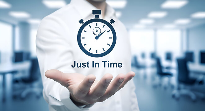 Businessman holding a just in time stopwatch graphic in an office environment with modern workspace and blurred background