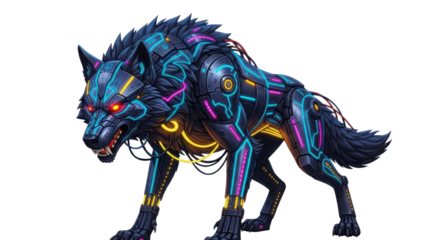 Black metallic cyborg wolf illustration with glowing neon blue and yellow light. isolated PNG with Transparent Background